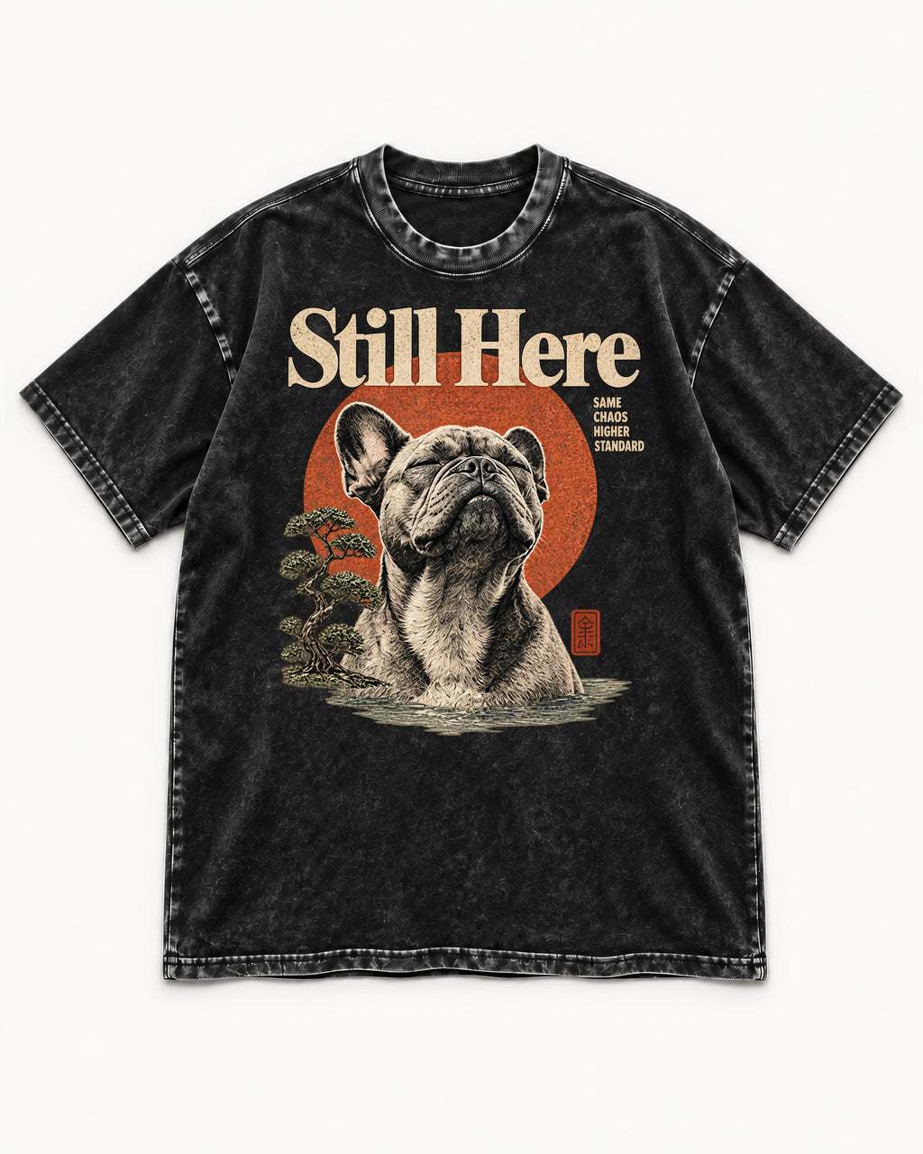 Frenchie Still Here Bonsai Portrait Graphic Washed Tee in Black, flat lay product photo