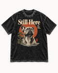 Frenchie Still Here Bonsai Portrait Graphic Washed Tee in Black, flat lay product photo