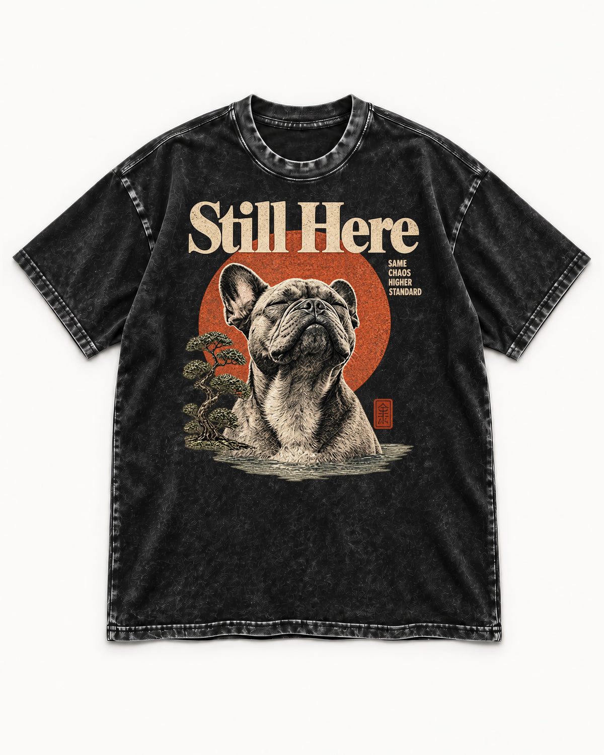 Frenchie Still Here Bonsai Portrait Graphic Washed Tee in Black, flat lay product photo