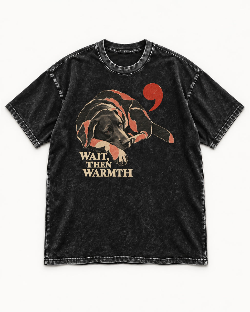 Labrador Retriever Wait Then Warmth Blanket Pause Graphic Washed Tee in Black, flat lay product photo