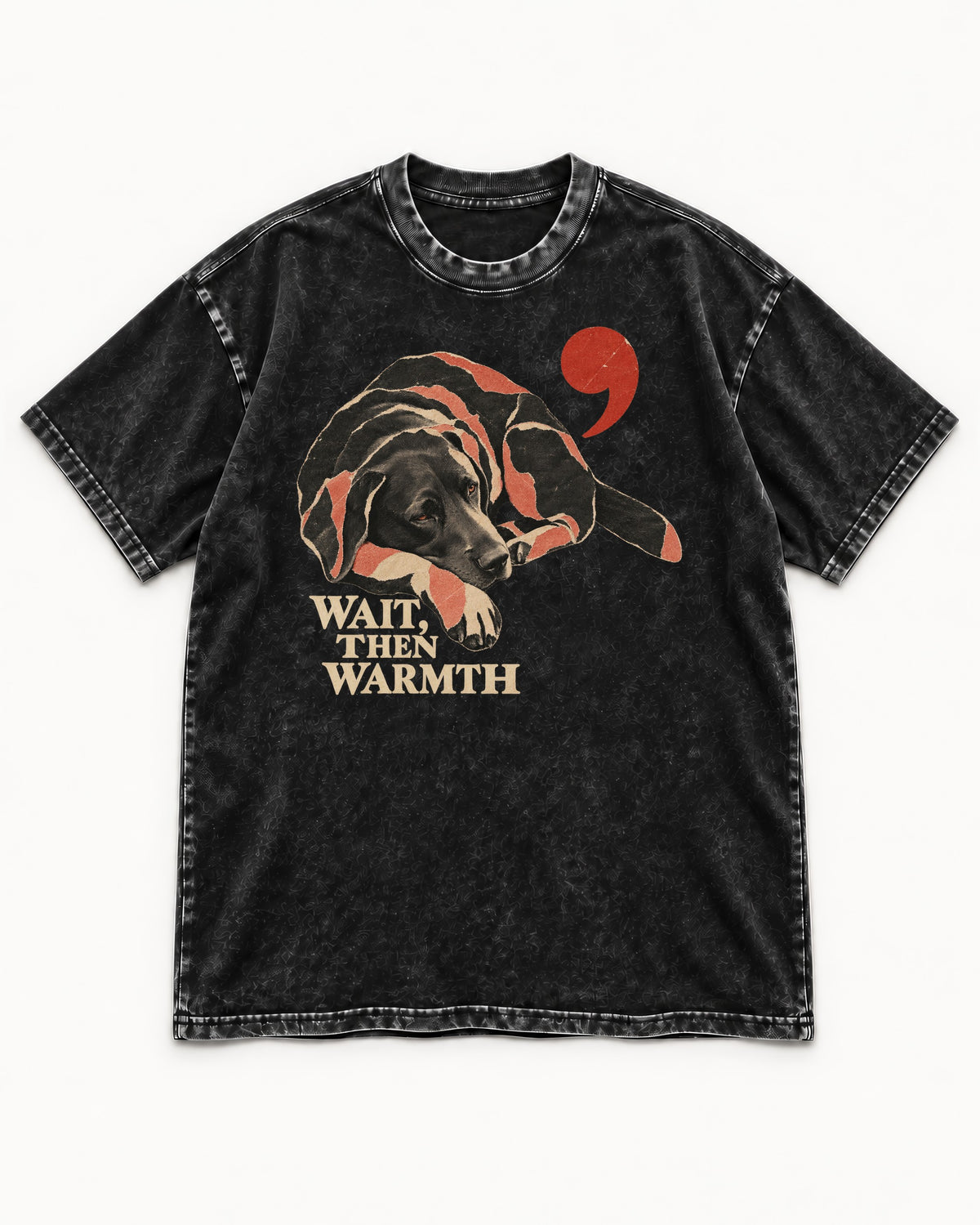 Labrador Retriever Wait Then Warmth Blanket Pause Graphic Washed Tee in Black, flat lay product photo