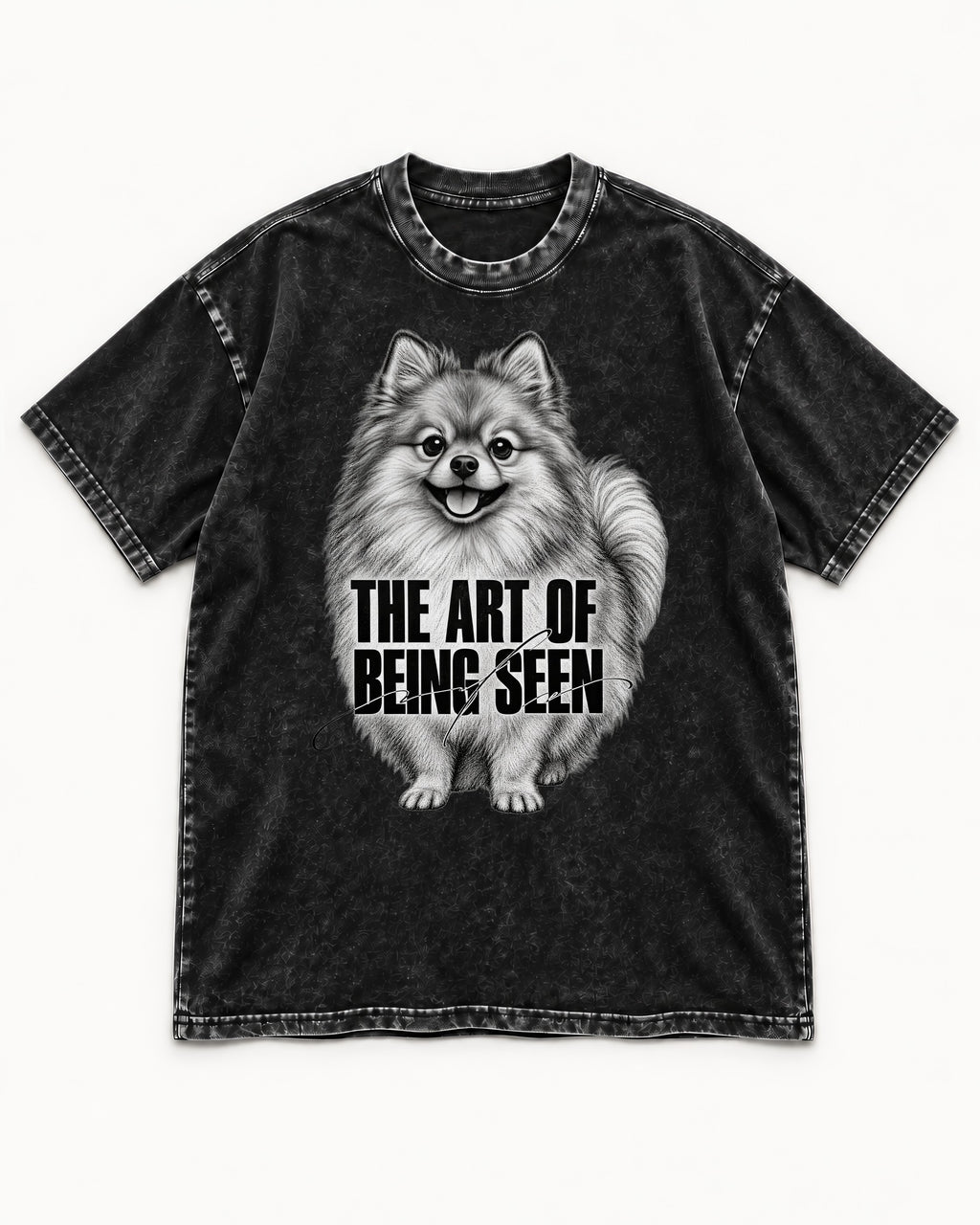 Pomeranian The Art of Being Seen Portrait Graphic Washed Tee in Black, flat lay product photo