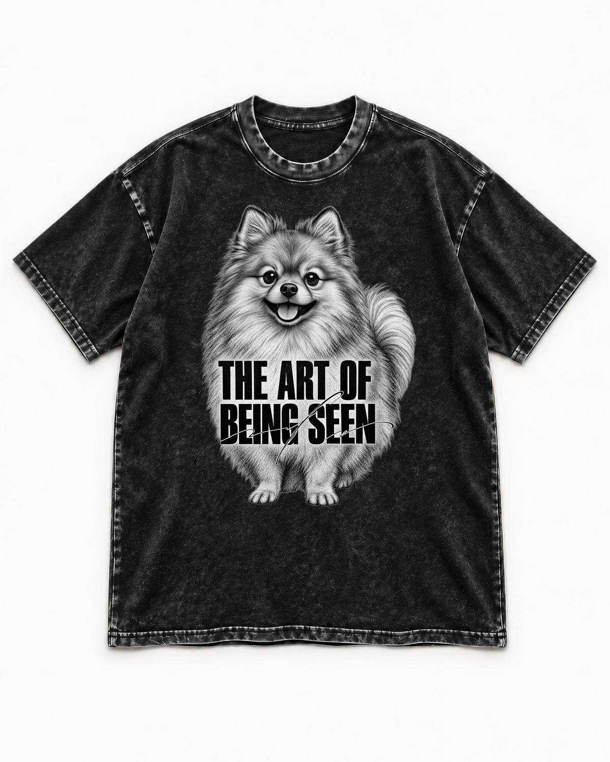 Pomeranian The Art of Being Seen Portrait Graphic Washed Tee in Black, flat lay product photo