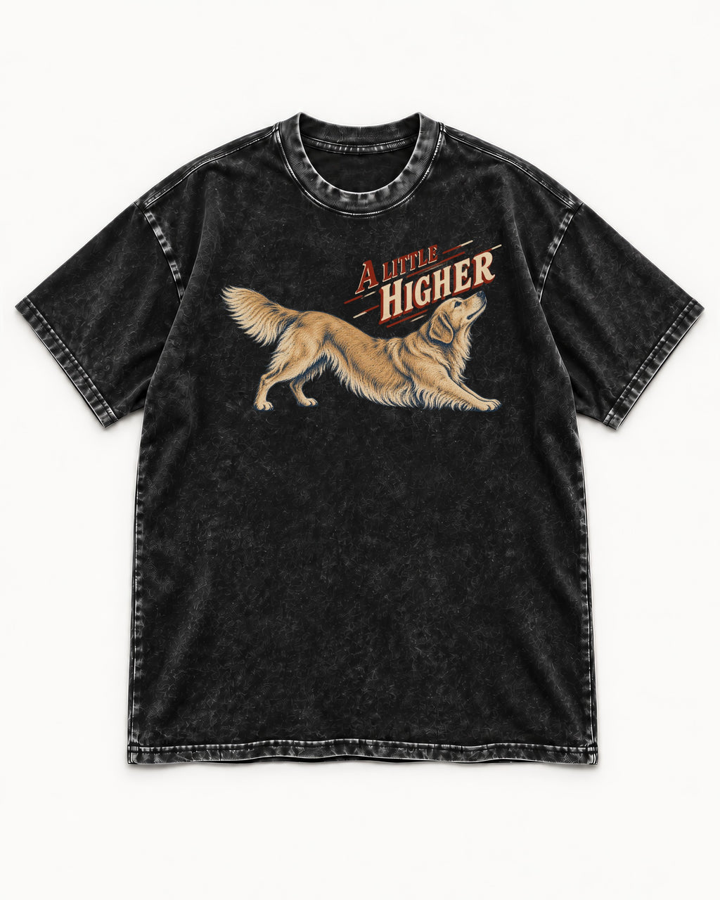 Golden Retriever A Little Higher Play Bow Graphic Washed Tee in Black, flat lay product photo