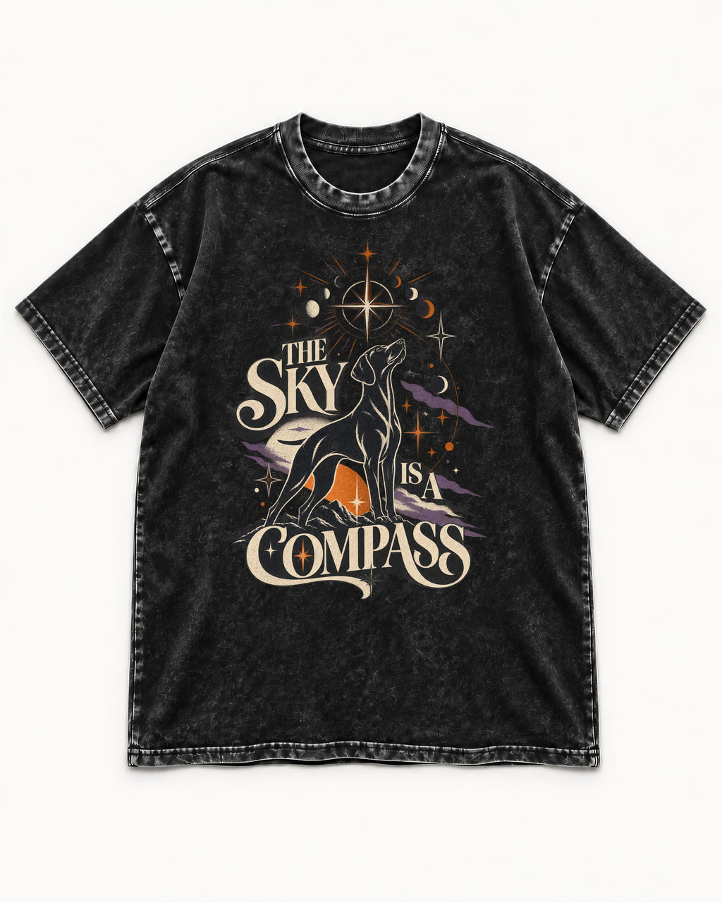 The Sky Is a Compass Celestial German Shorthaired Pointer Graphic Washed Tee in Black, flat lay product photo