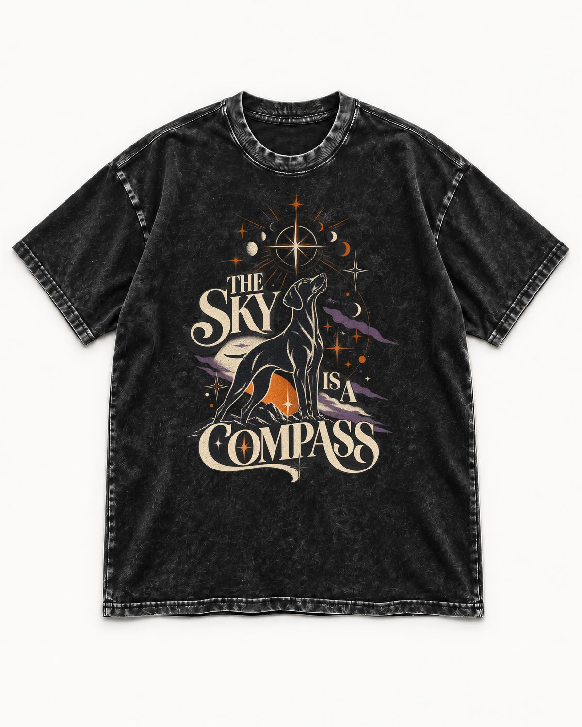 The Sky Is a Compass Celestial German Shorthaired Pointer Graphic Washed Tee in Black, flat lay product photo