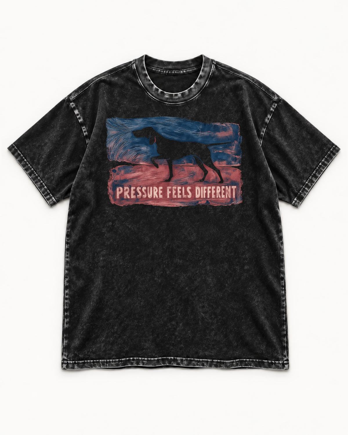 German Shorthaired Pointer Pressure Feels Different Monotype Graphic Washed Tee in Black, flat lay product photo