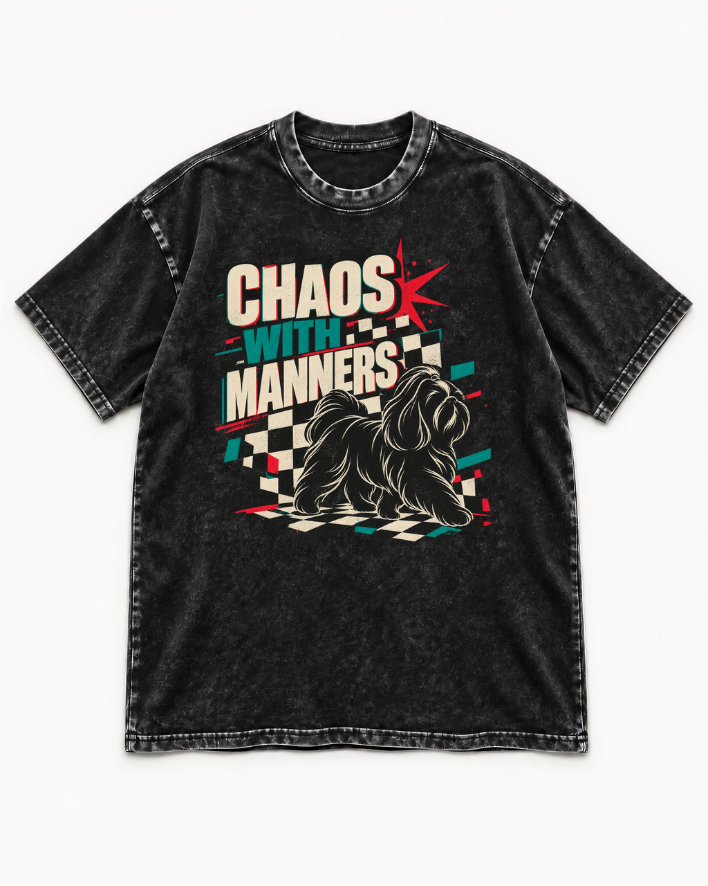 Shih Tzu Chaos with Manners Checkerboard Graphic Washed Tee in Black, flat lay product photo