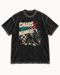 Shih Tzu Chaos with Manners Checkerboard Graphic Washed Tee in Black, flat lay product photo
