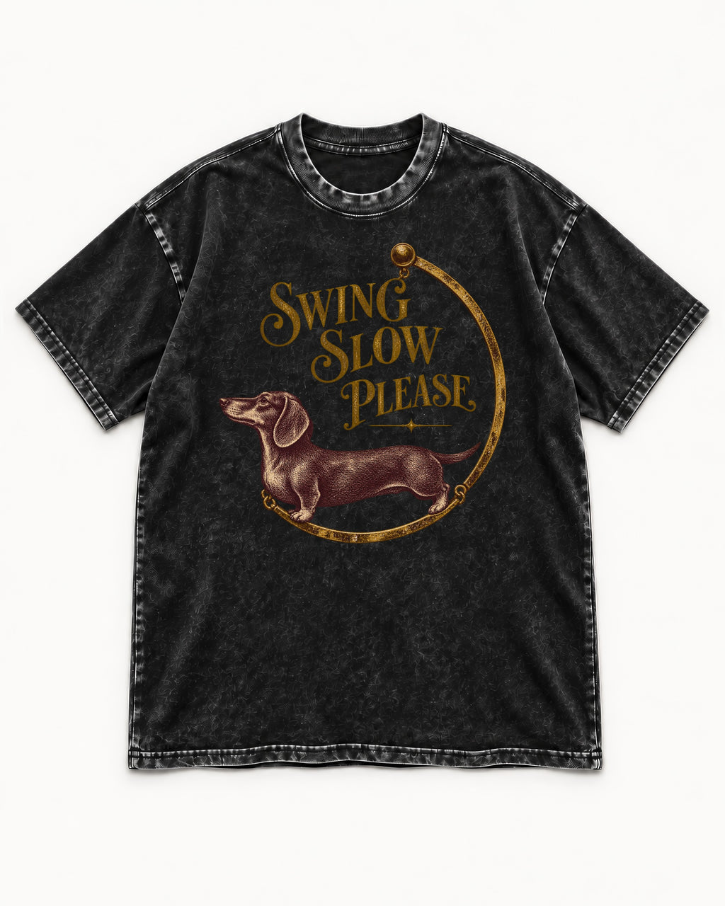 Dachshund Swing Slow Please Necklace Frame Graphic Washed Tee in Black, flat lay product photo