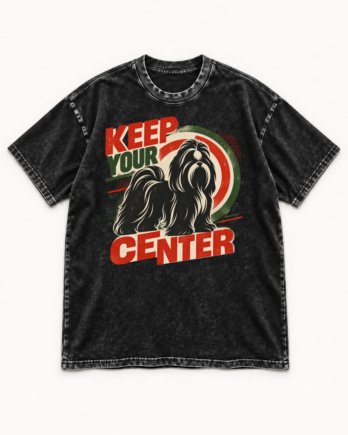 Shih Tzu Keep Your Center Retro Target Graphic Washed Tee in Black, flat lay product photo