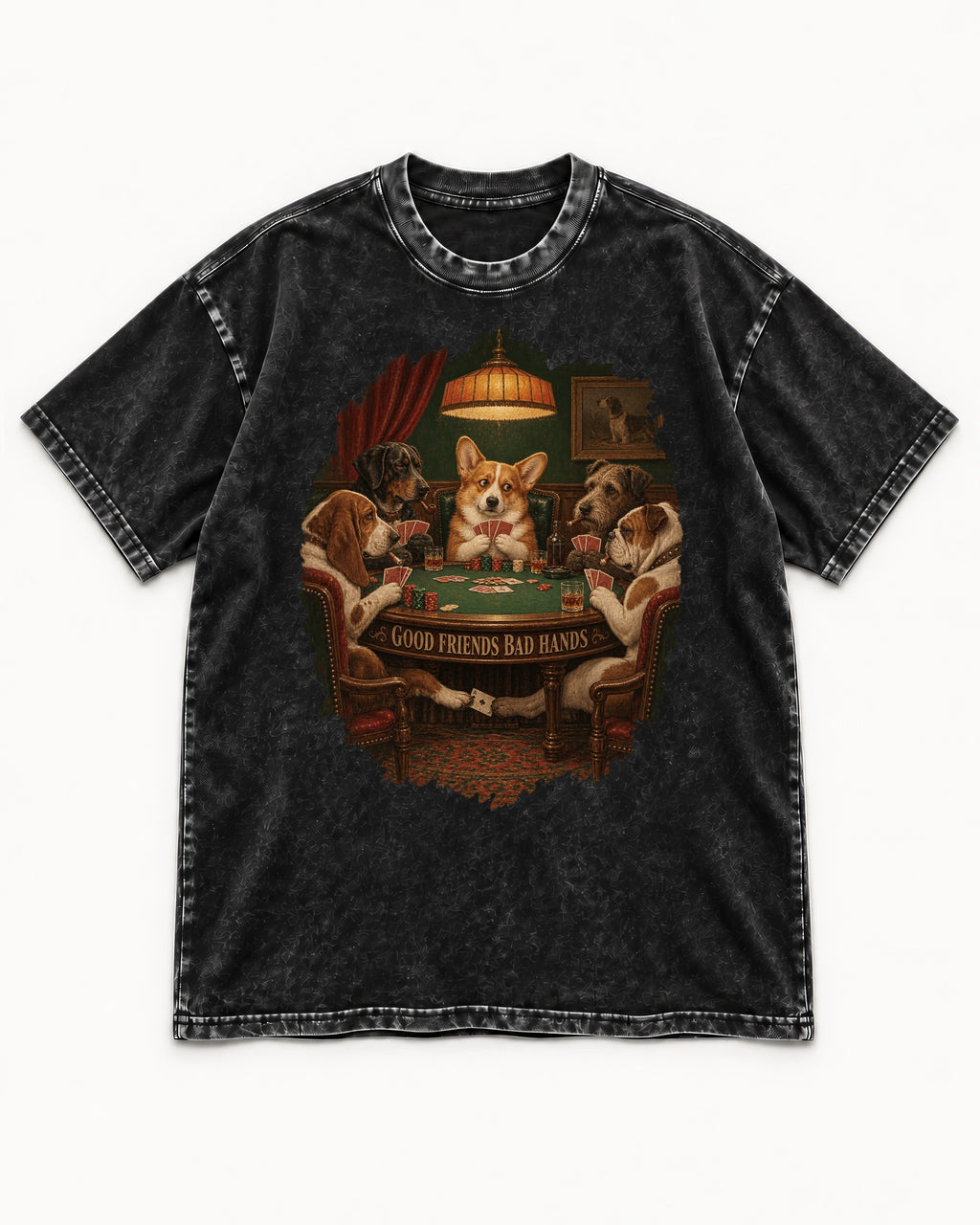 Corgi Good Friends Bad Hands Poker Night Washed Tee in Black, flat lay product photo