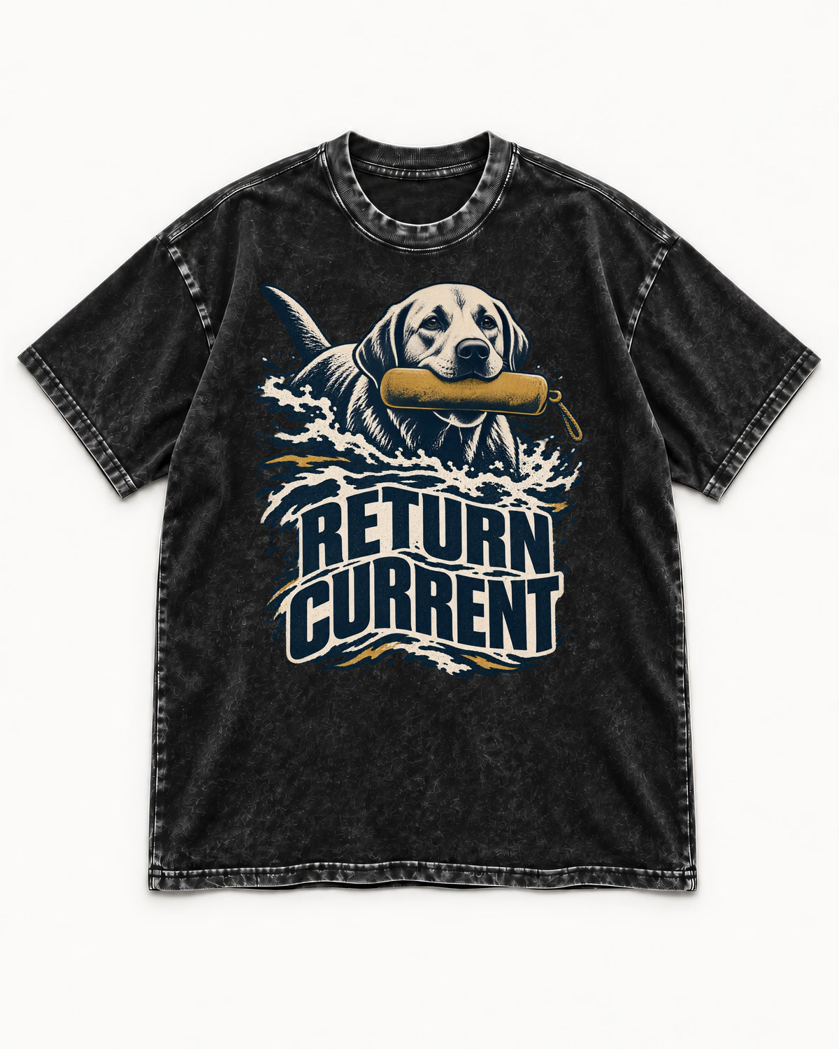 Return Current Water Retrieve Labrador Retriever Graphic Washed Tee in Black, flat lay product photo