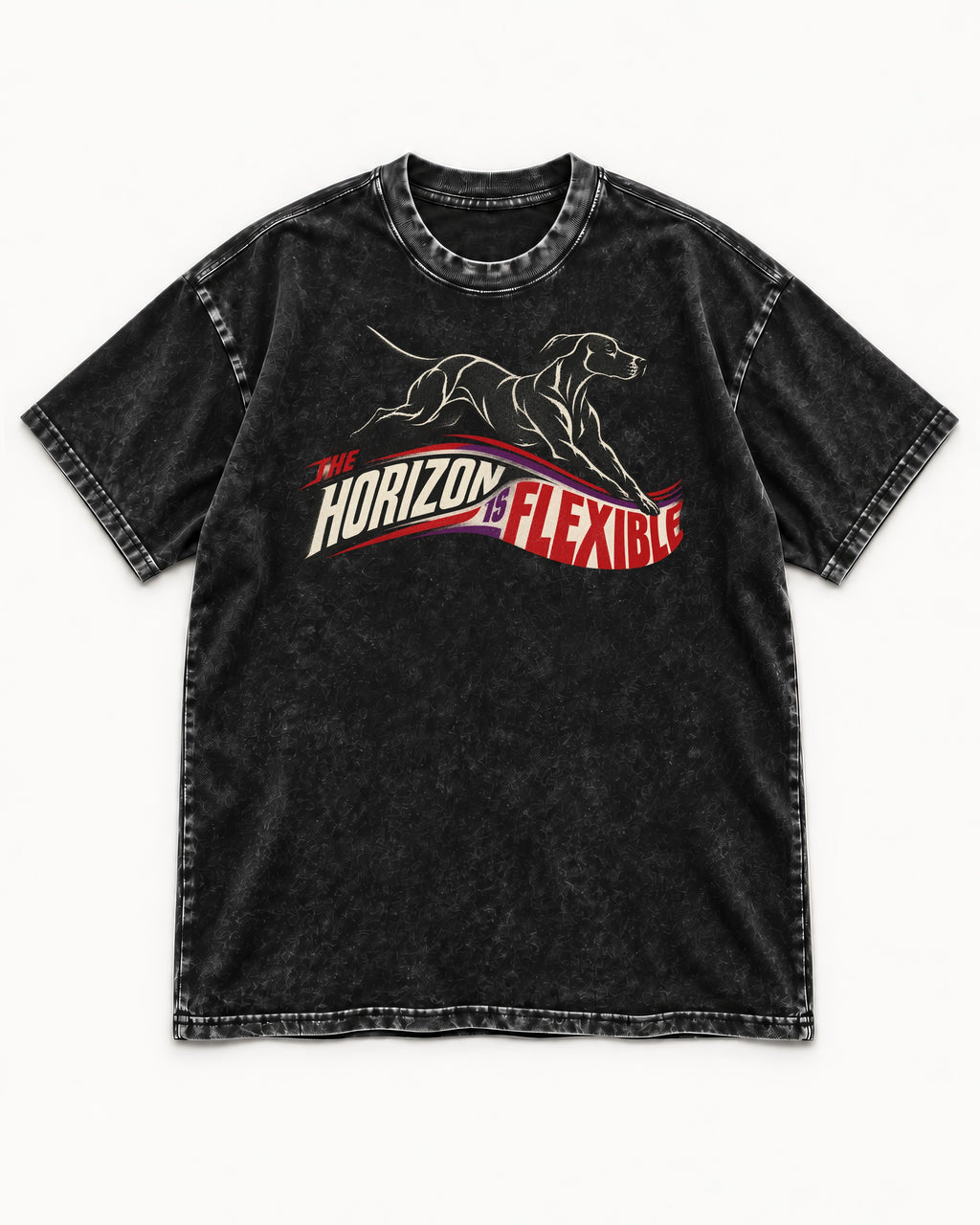 German Shorthaired Pointer The Horizon Is Flexible Racing Ribbon Graphic Washed Tee in Black, flat lay product photo