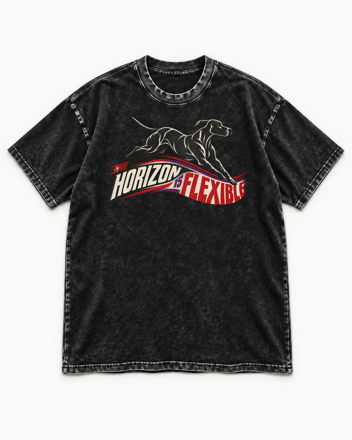 German Shorthaired Pointer The Horizon Is Flexible Racing Ribbon Graphic Washed Tee in Black, flat lay product photo