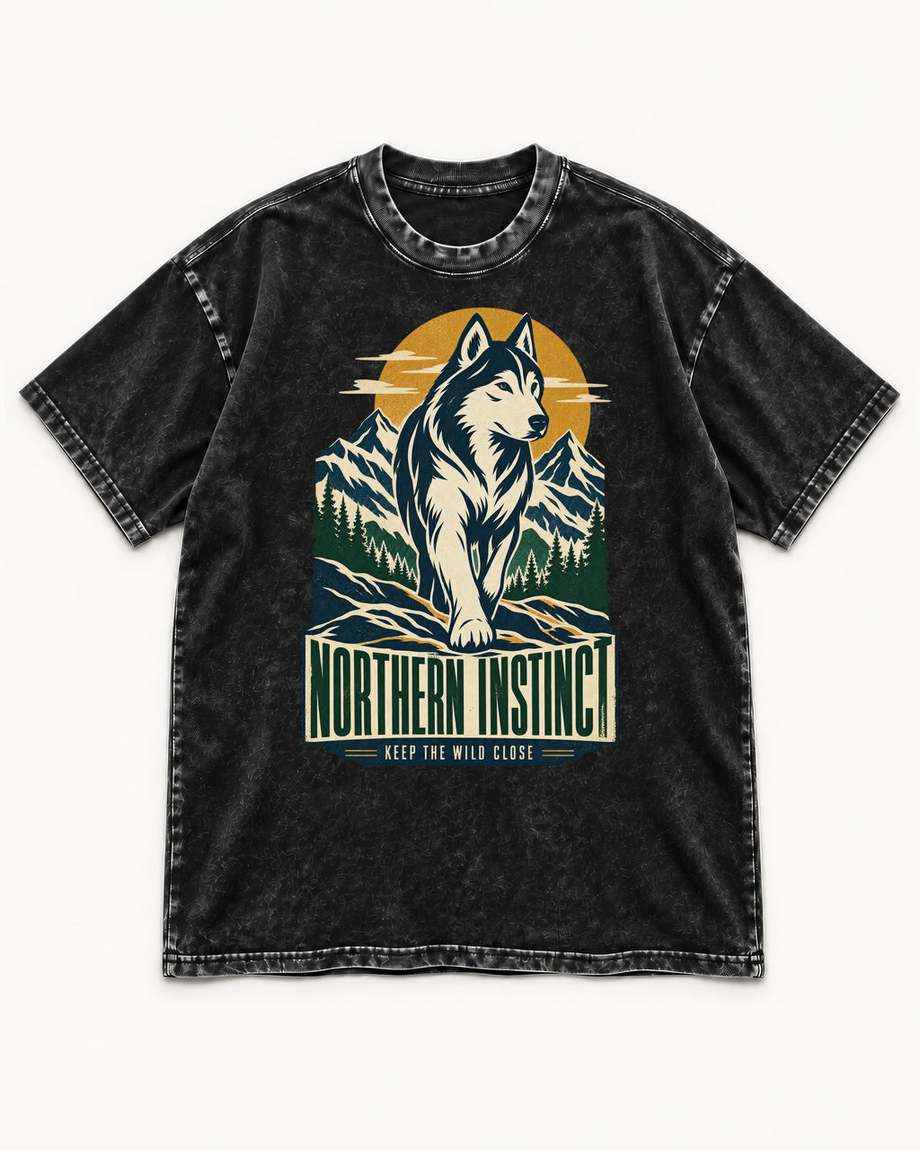 Husky Northern Instinct Mountain Sentinel Washed Tee in Black, flat lay product photo