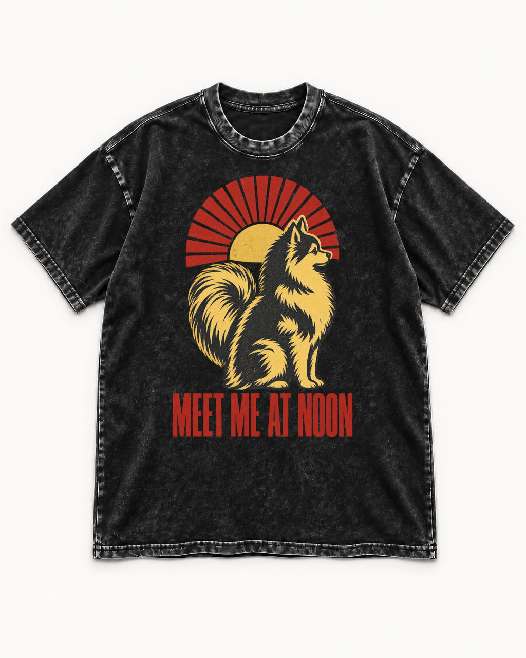 Pomeranian Meet Me at Noon Sunburst Graphic Washed Tee in Black, flat lay product photo