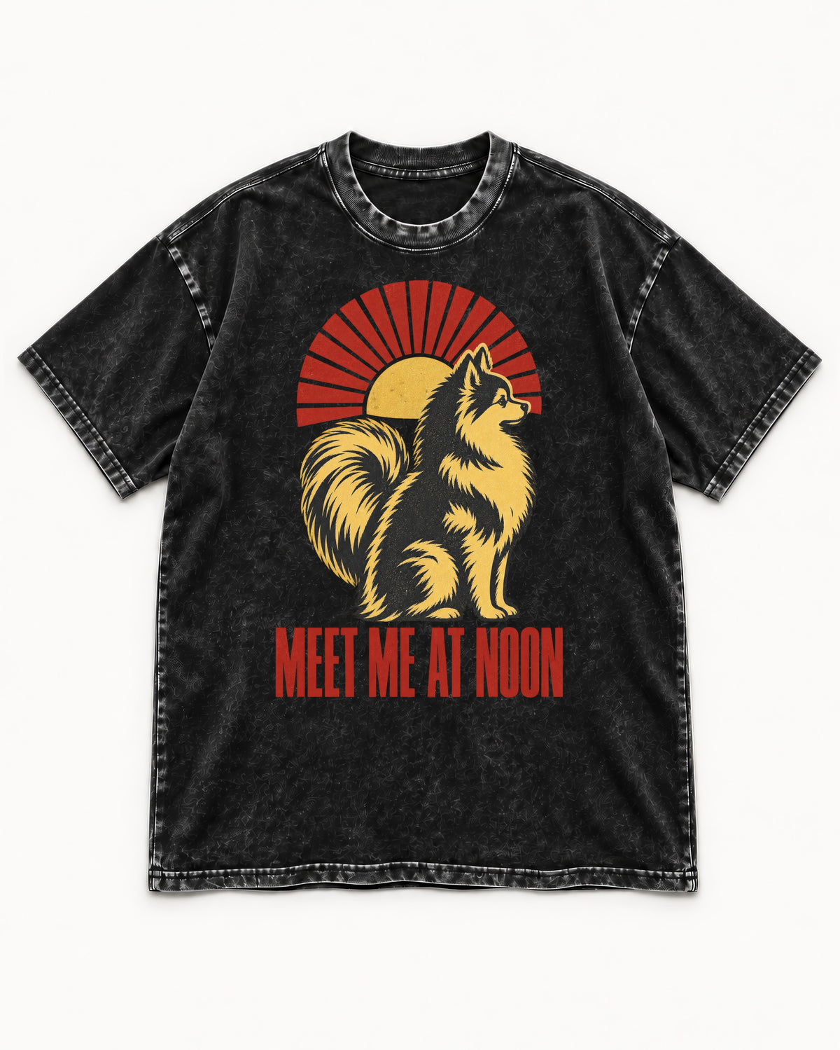 Pomeranian Meet Me at Noon Sunburst Graphic Washed Tee in Black, flat lay product photo