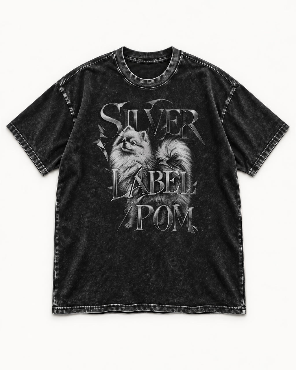 Pomeranian Silver Label Metallic Typography Graphic Washed Tee in Black, flat lay product photo