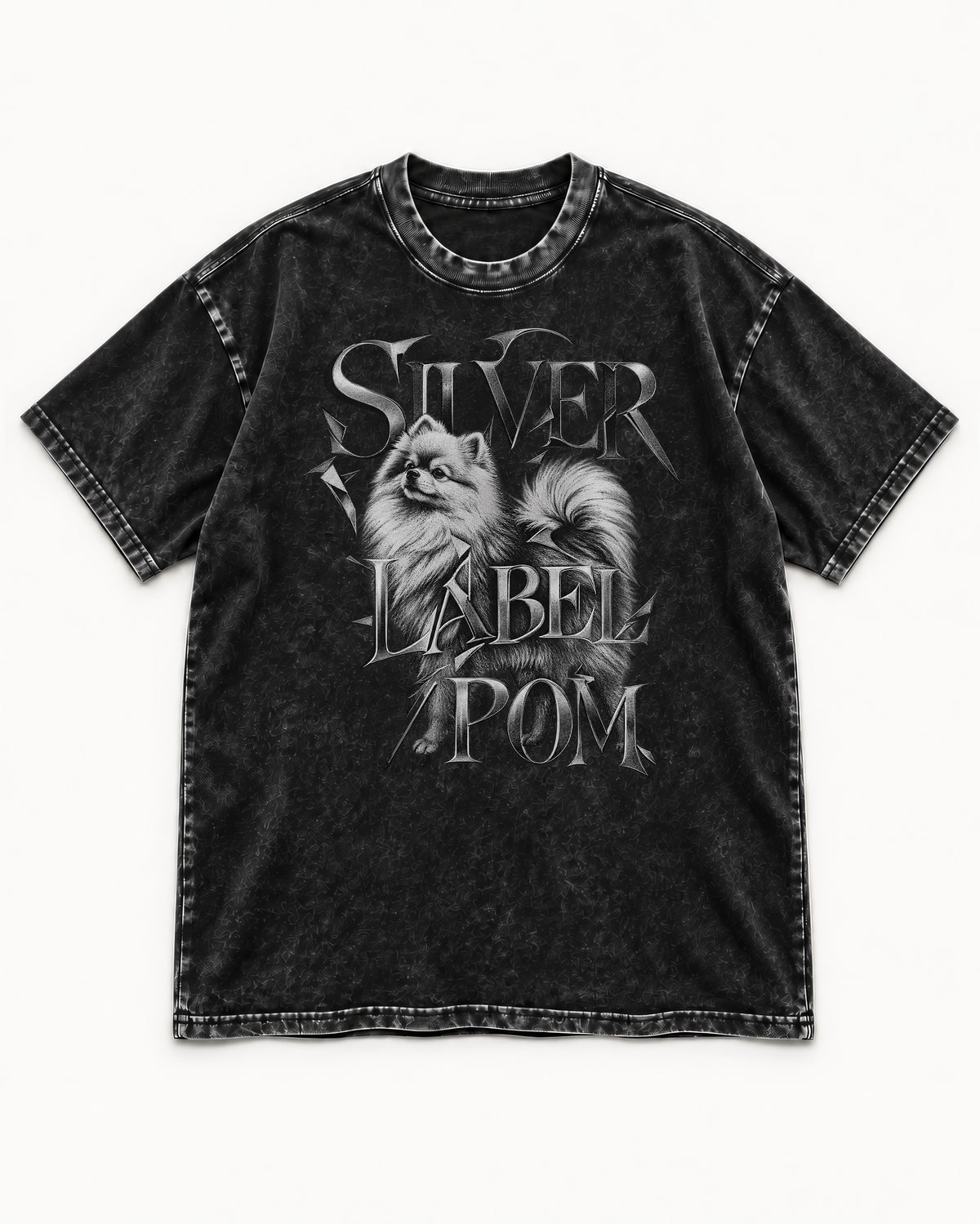 Pomeranian Silver Label Metallic Typography Graphic Washed Tee in Black, flat lay product photo