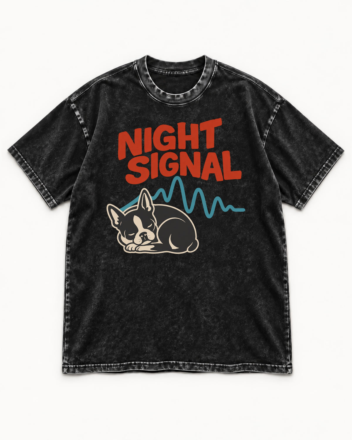 Boston Terrier Sleeping Night Signal Washed Tee in Black, flat lay product photo