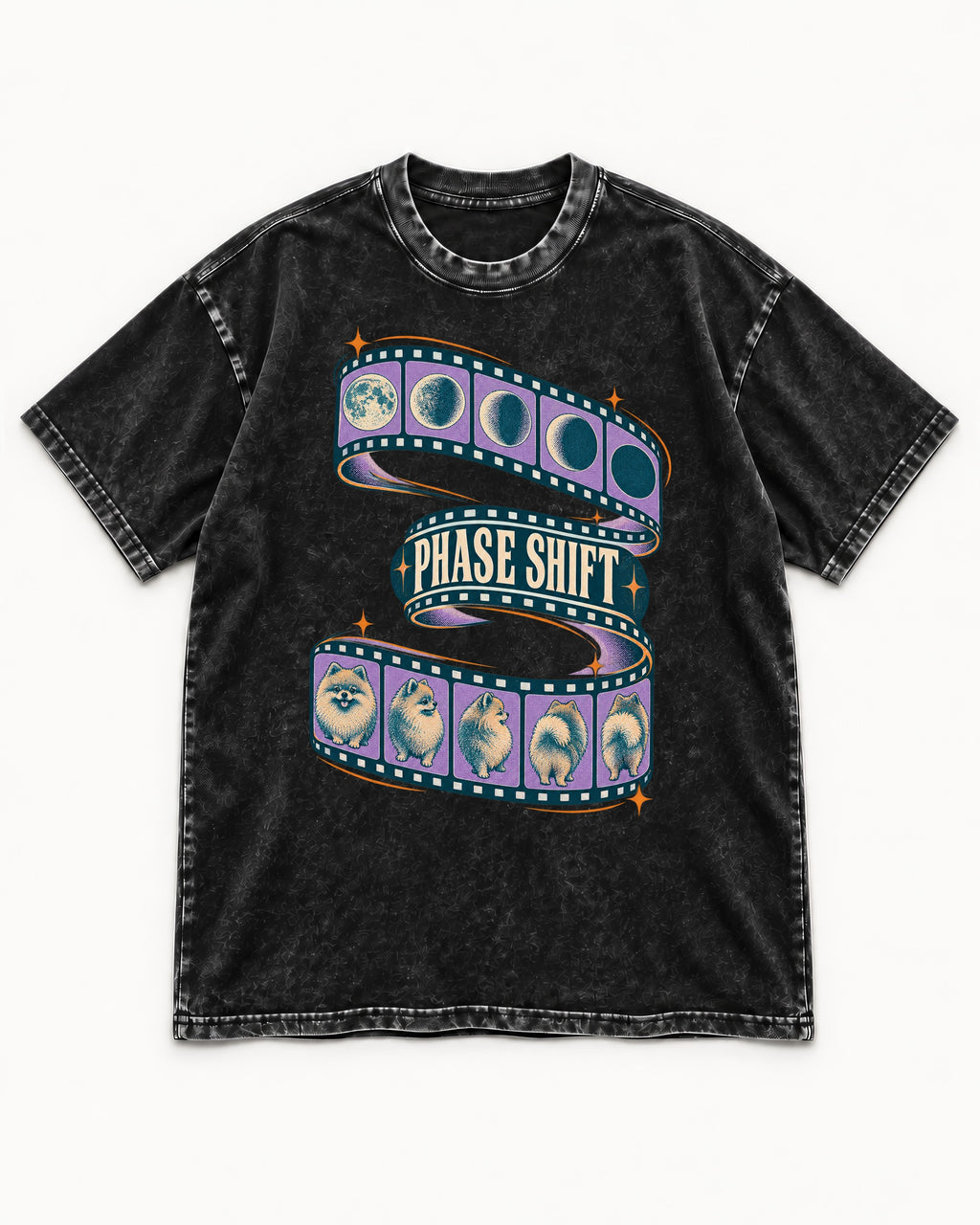 Pomeranian Phase Shift Filmstrip Graphic Washed Tee in Black, flat lay product photo