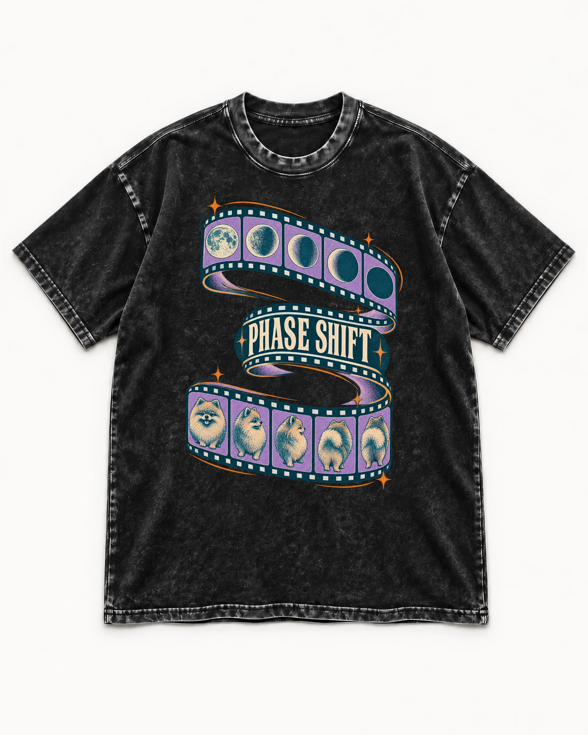 Pomeranian Phase Shift Filmstrip Graphic Washed Tee in Black, flat lay product photo