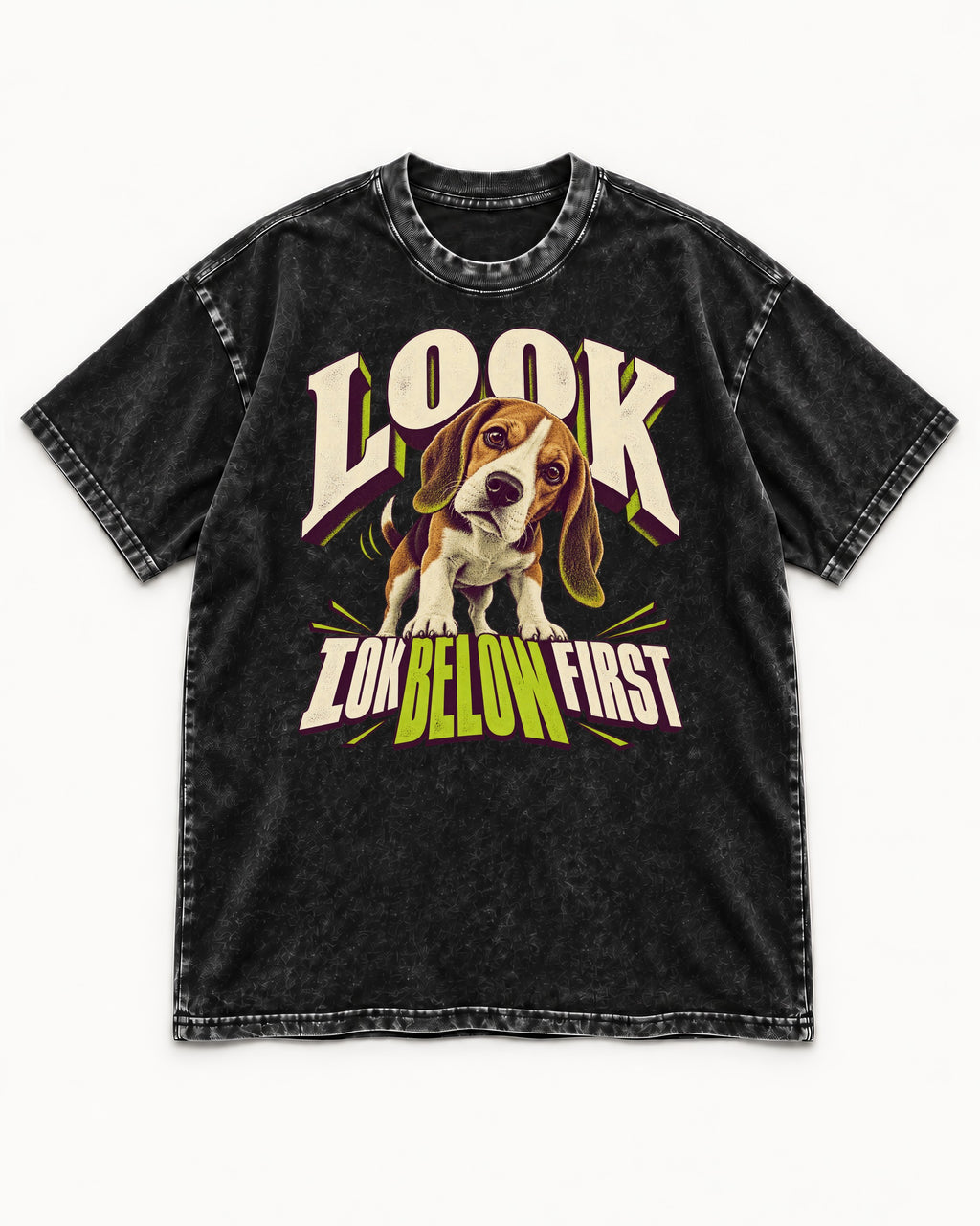 Beagle Look Low Below First Washed Tee in Black, flat lay product photo