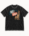 Out Back Leash German Shepherd Dog Graphic Washed Tee in Black, flat lay product photo