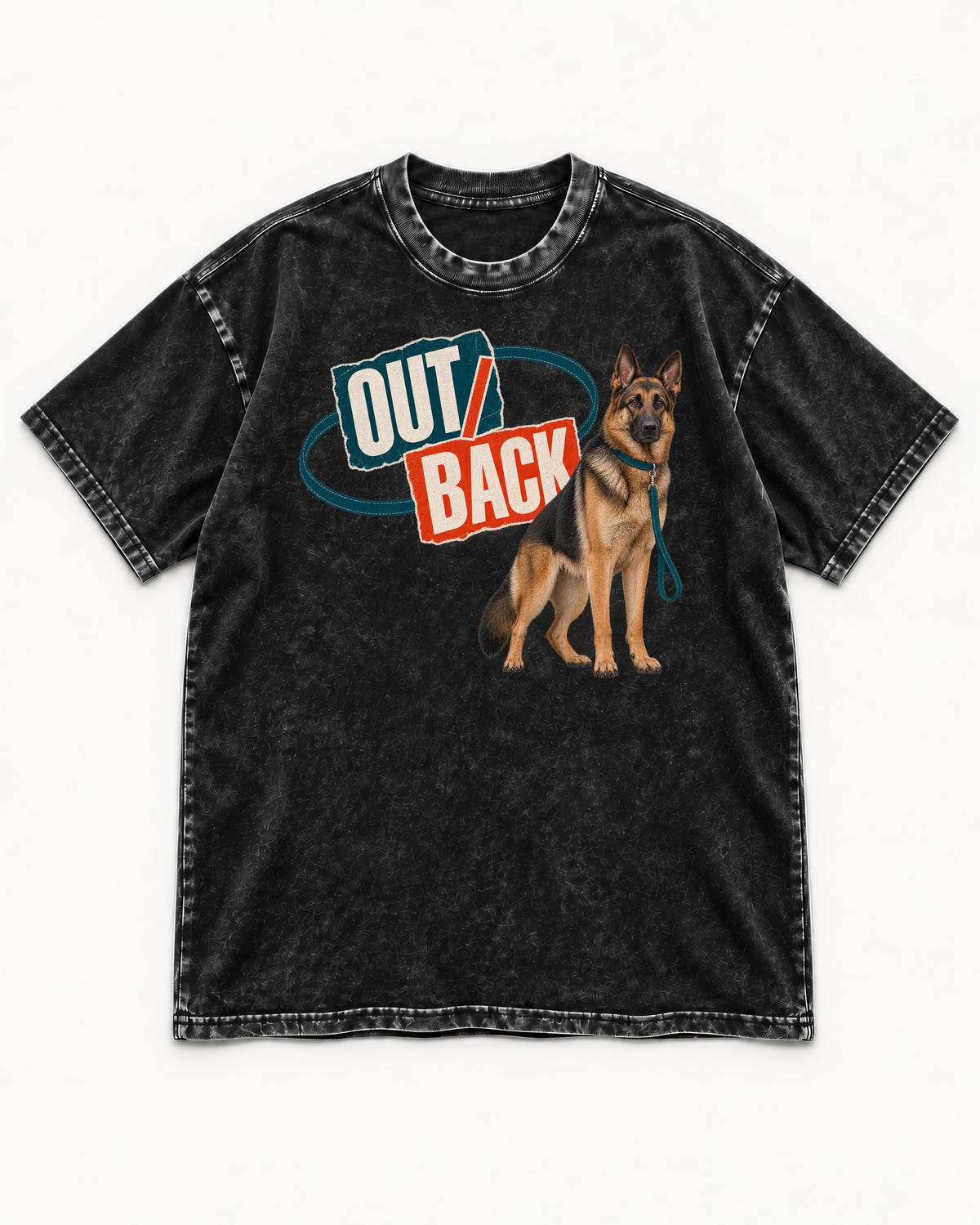 Out Back Leash German Shepherd Dog Graphic Washed Tee in Black, flat lay product photo