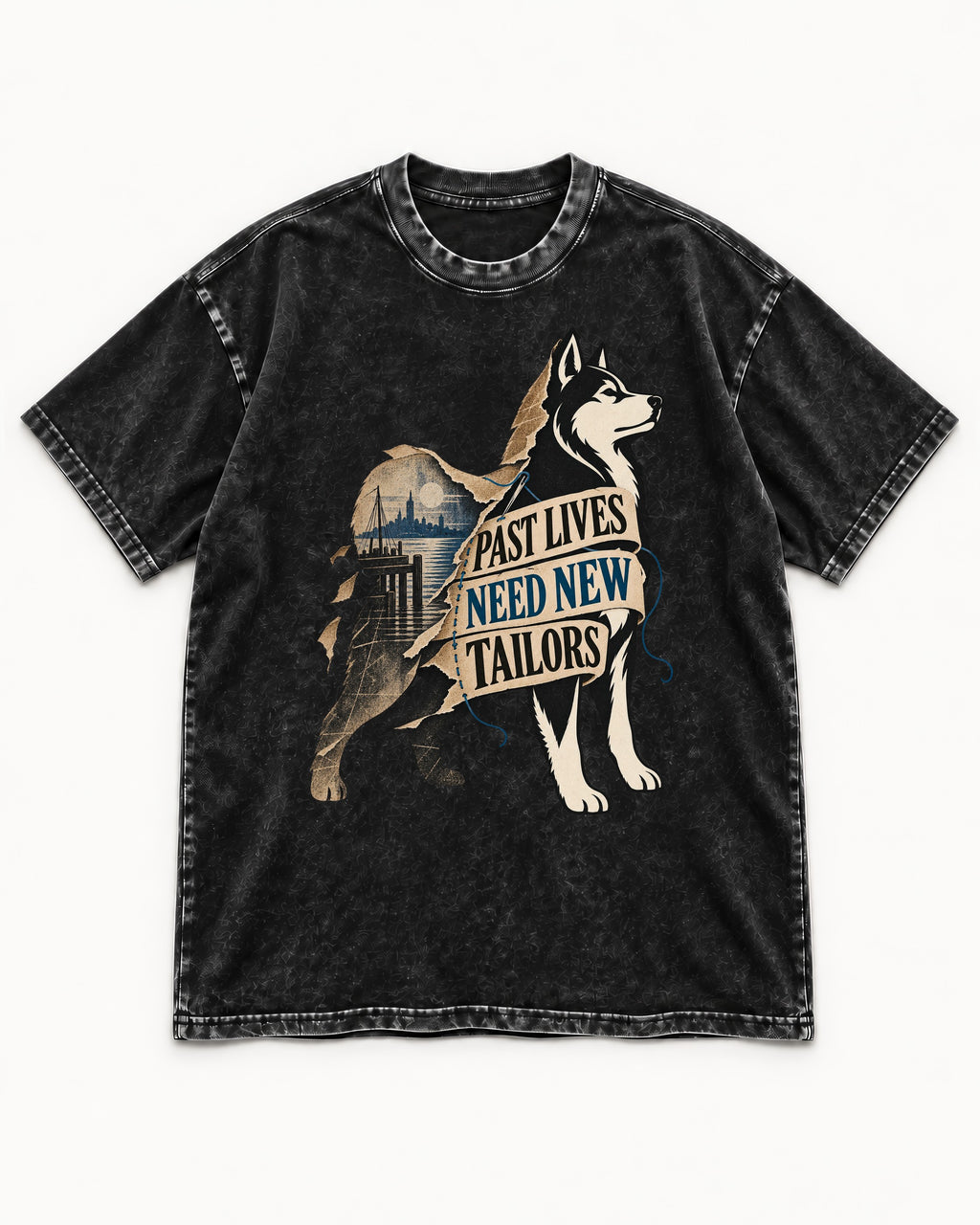 Husky Past Lives Need New Tailors Split Identity Graphic Washed Tee in Black, flat lay product photo