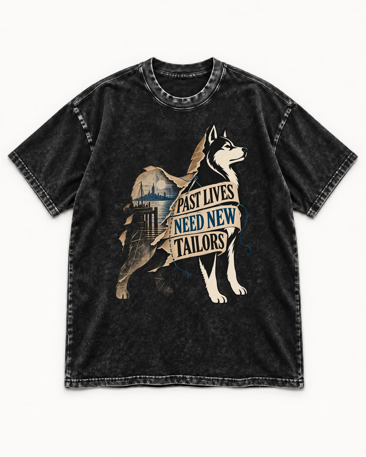 Husky Past Lives Need New Tailors Split Identity Graphic Washed Tee in Black, flat lay product photo