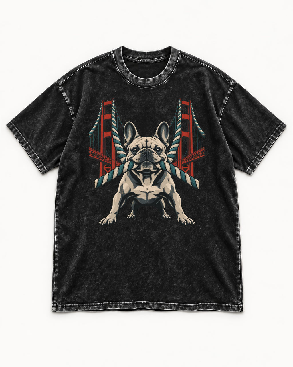 Frenchie Tug Anchor Bridge Graphic Washed Tee in Black, flat lay product photo