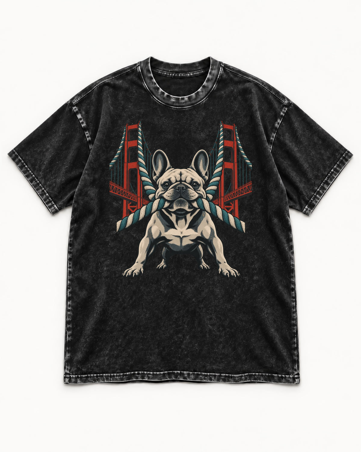 Frenchie Tug Anchor Bridge Graphic Washed Tee in Black, flat lay product photo