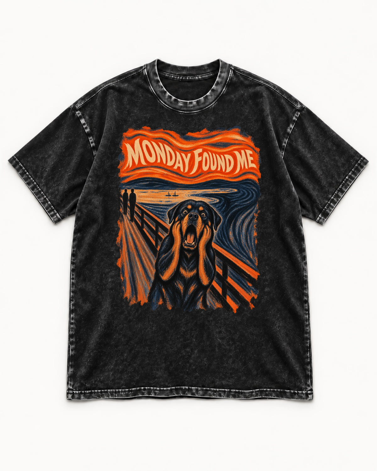 Rottweiler Monday Found Me Scream Parody Graphic Washed Tee in Black, flat lay product photo