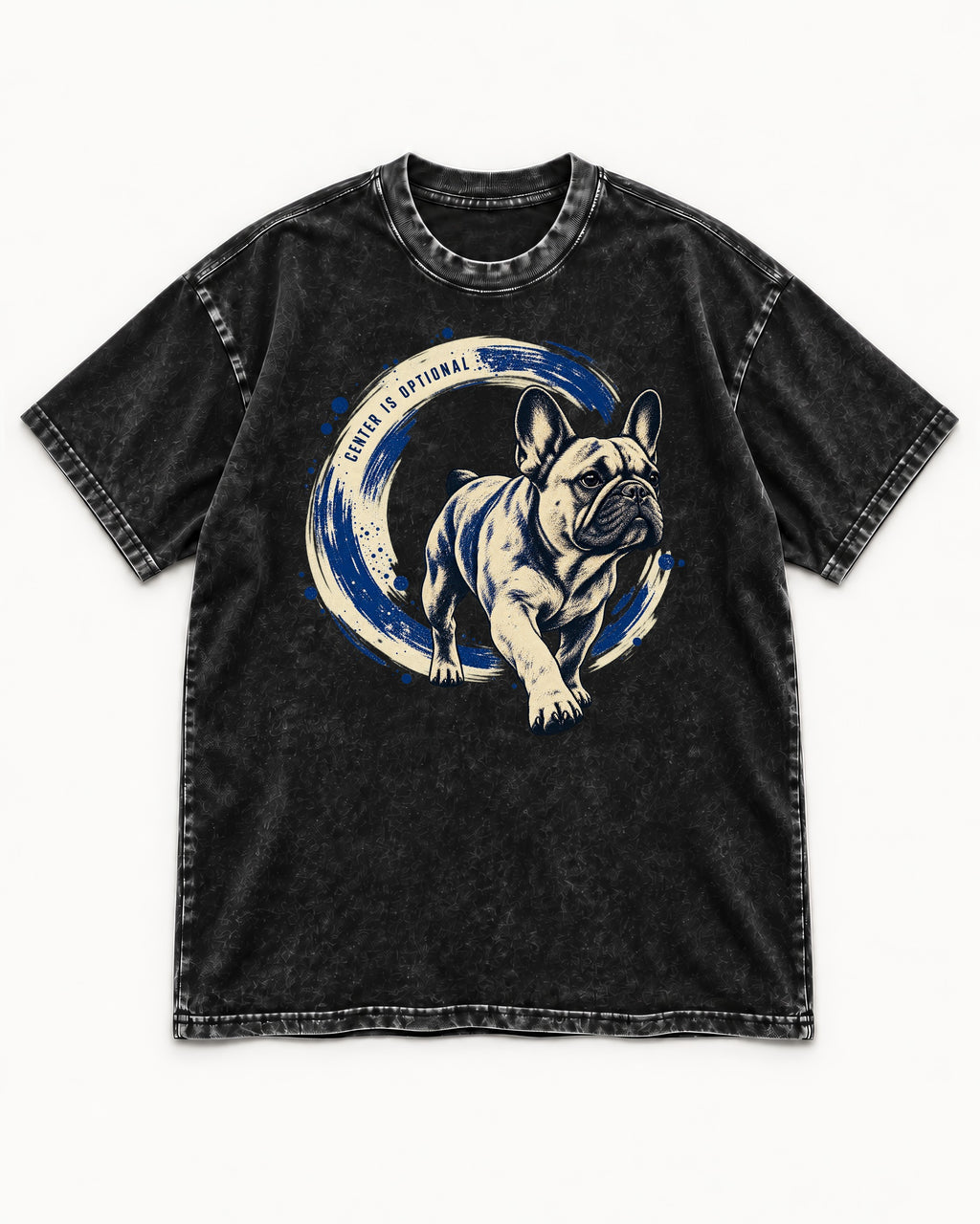 Frenchie Center Is Optional Brush Circle Graphic Washed Tee in Black, flat lay product photo
