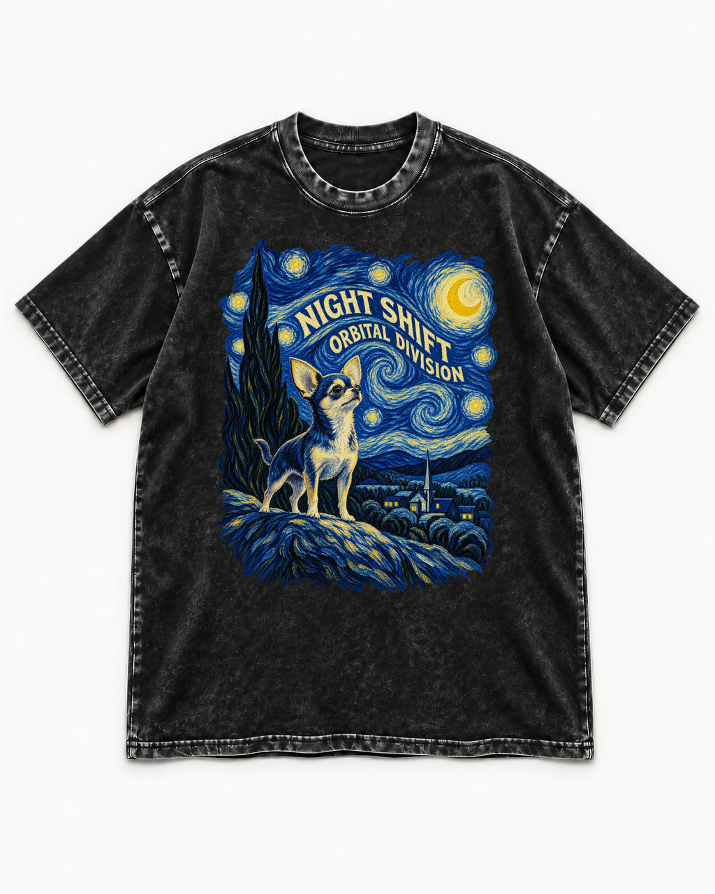 Chihuahua Night Shift Orbital Division Starry Night Graphic Washed Tee in Black, flat lay product photo