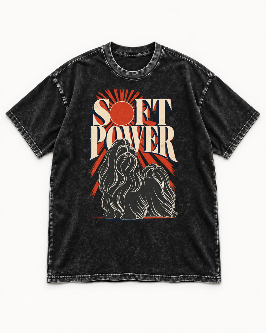 Shih Tzu Soft Power Sunburst Graphic Washed Tee in Black, flat lay product photo
