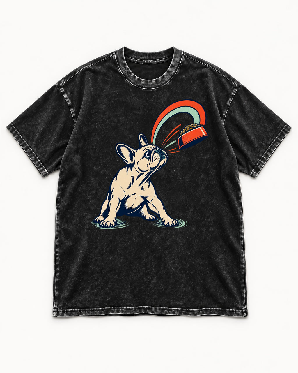 Frenchie Dinner Magnet Graphic Washed Tee in Black, flat lay product photo