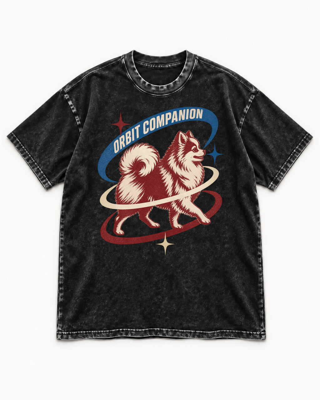 Pomeranian Orbit Companion Retro Space Graphic Washed Tee in Black, flat lay product photo