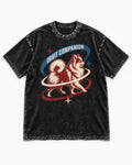 Pomeranian Orbit Companion Retro Space Graphic Washed Tee in Black, flat lay product photo