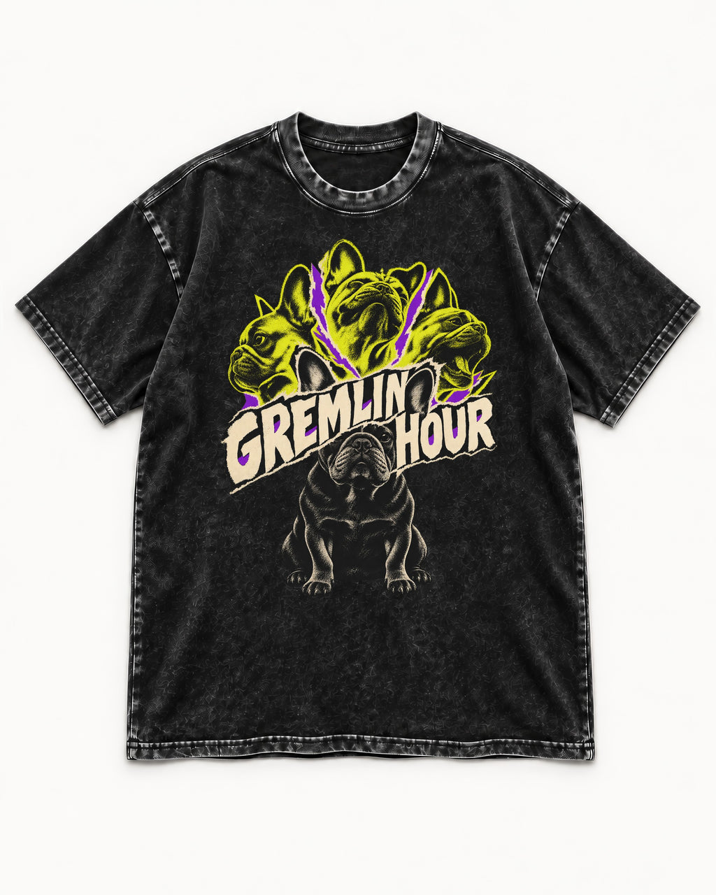 Frenchie Gremlin Hour Multi Portrait Graphic Washed Tee in Black, flat lay product photo