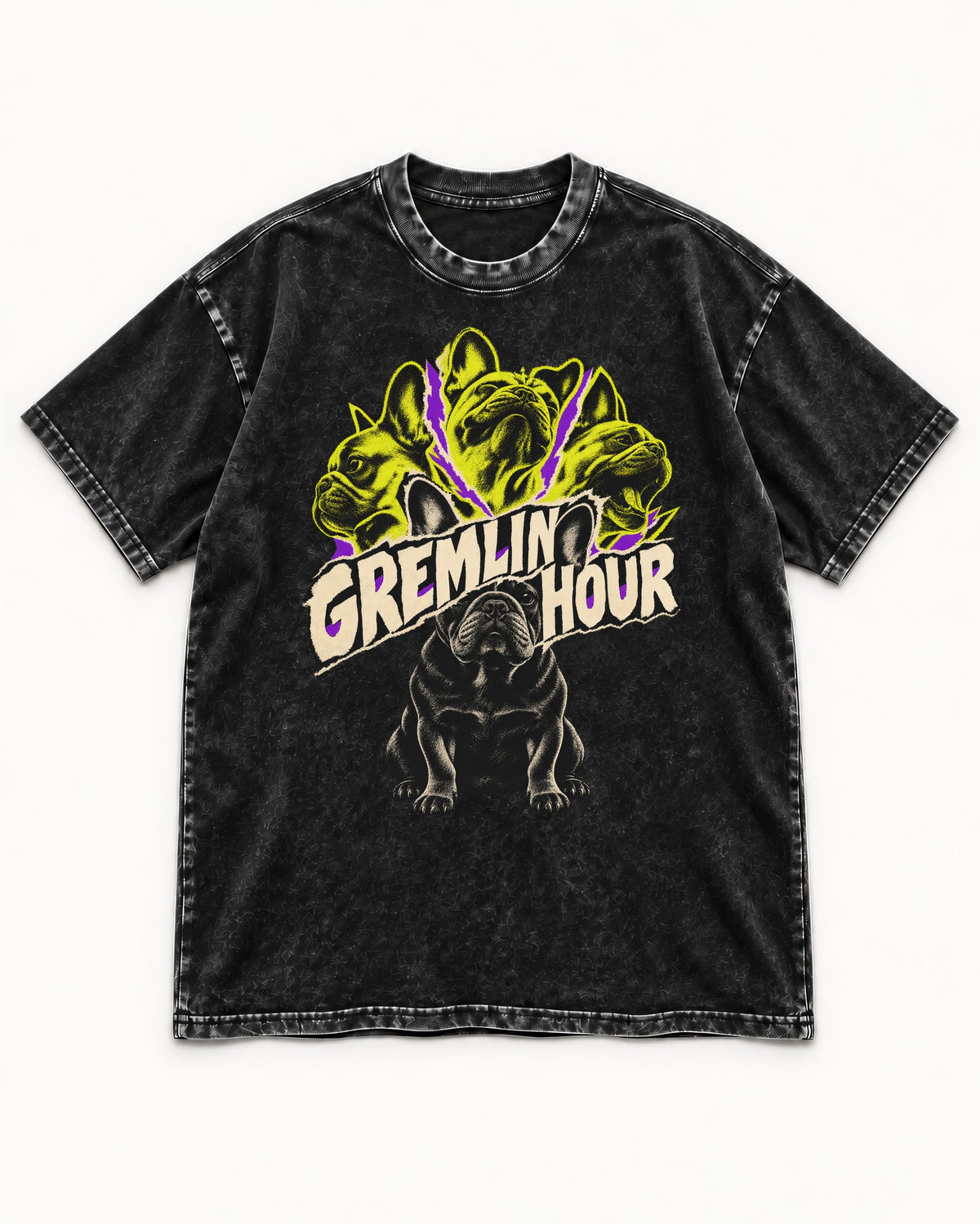 Frenchie Gremlin Hour Multi Portrait Graphic Washed Tee in Black, flat lay product photo