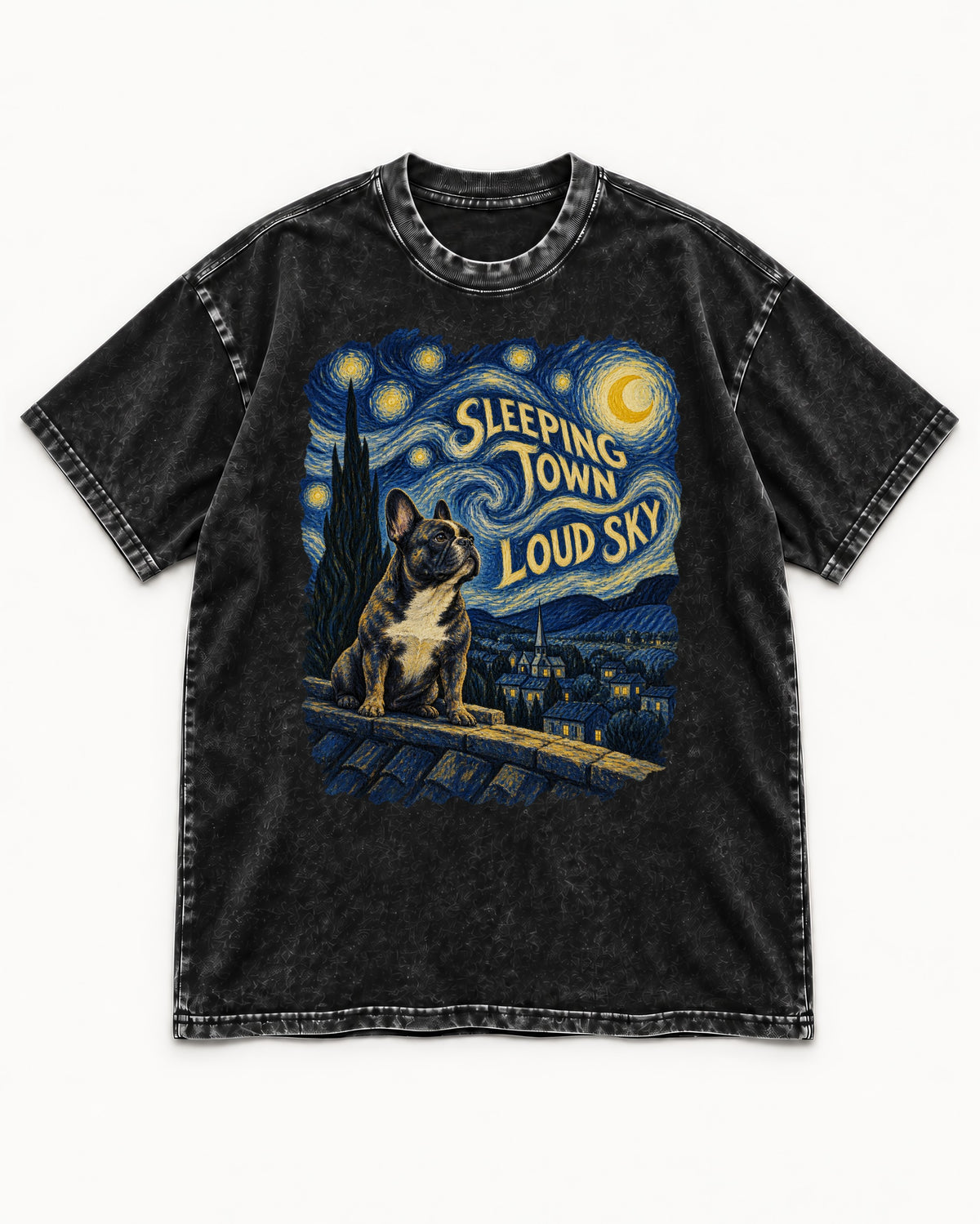 Frenchie Sleeping Town Loud Sky Rooftop Graphic Washed Tee in Black, flat lay product photo