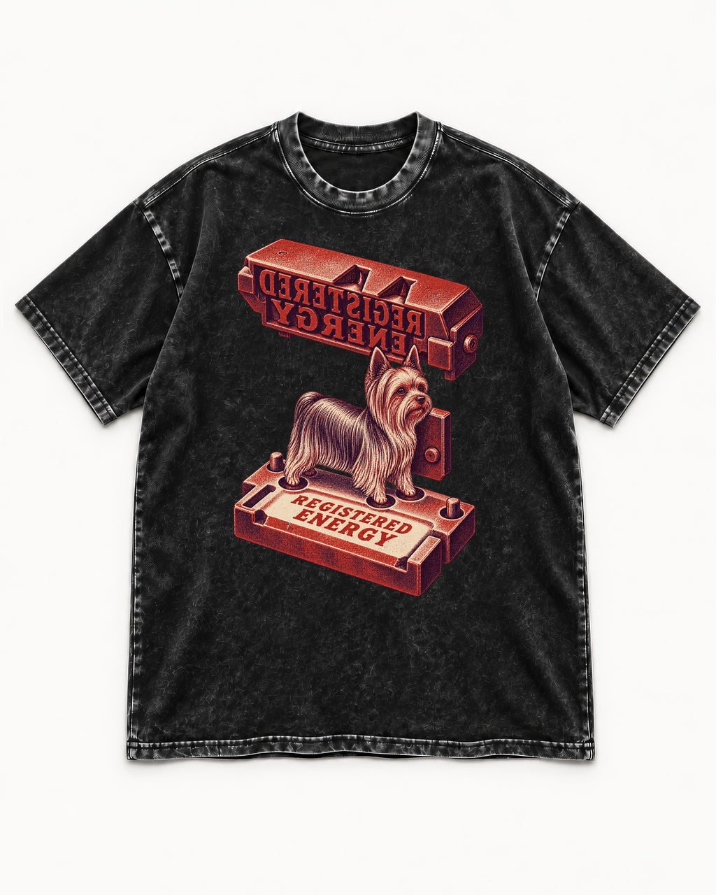 Yorkshire Terrier Registered Energy Stamp Press Graphic Washed Tee in Black, flat lay product photo