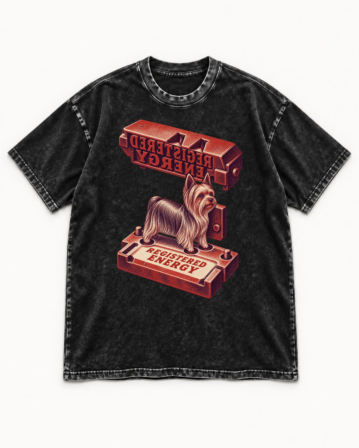 Yorkshire Terrier Registered Energy Stamp Press Graphic Washed Tee in Black, flat lay product photo