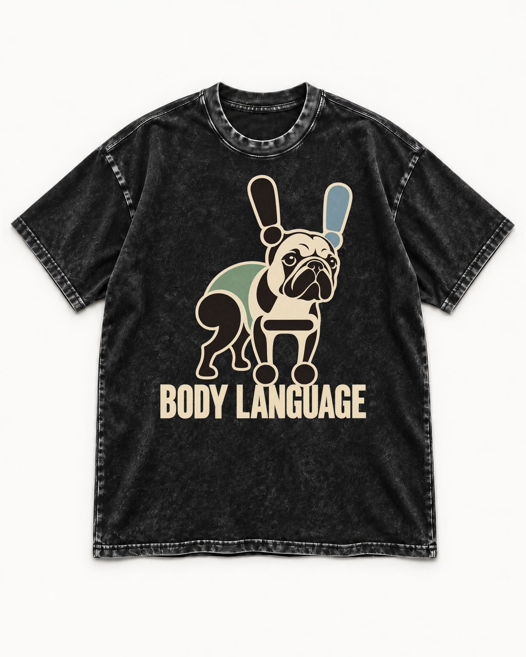 Frenchie Body Language Punctuation Graphic Washed Tee in Black, flat lay product photo