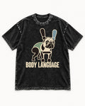 Frenchie Body Language Punctuation Graphic Washed Tee in Black, flat lay product photo