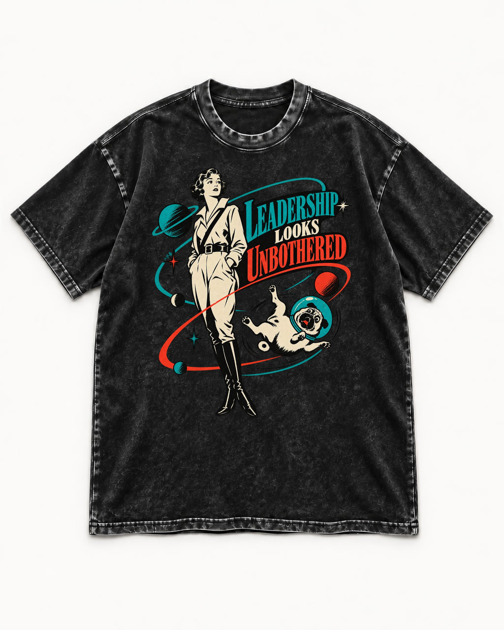 Pug Leadership Looks Unbothered Space Graphic Washed Tee in Black, flat lay product photo