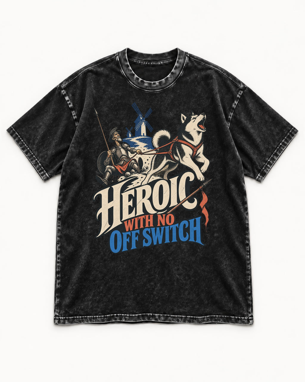 Husky Heroic with No Off Switch Don Quixote Graphic Washed Tee in Black, flat lay product photo